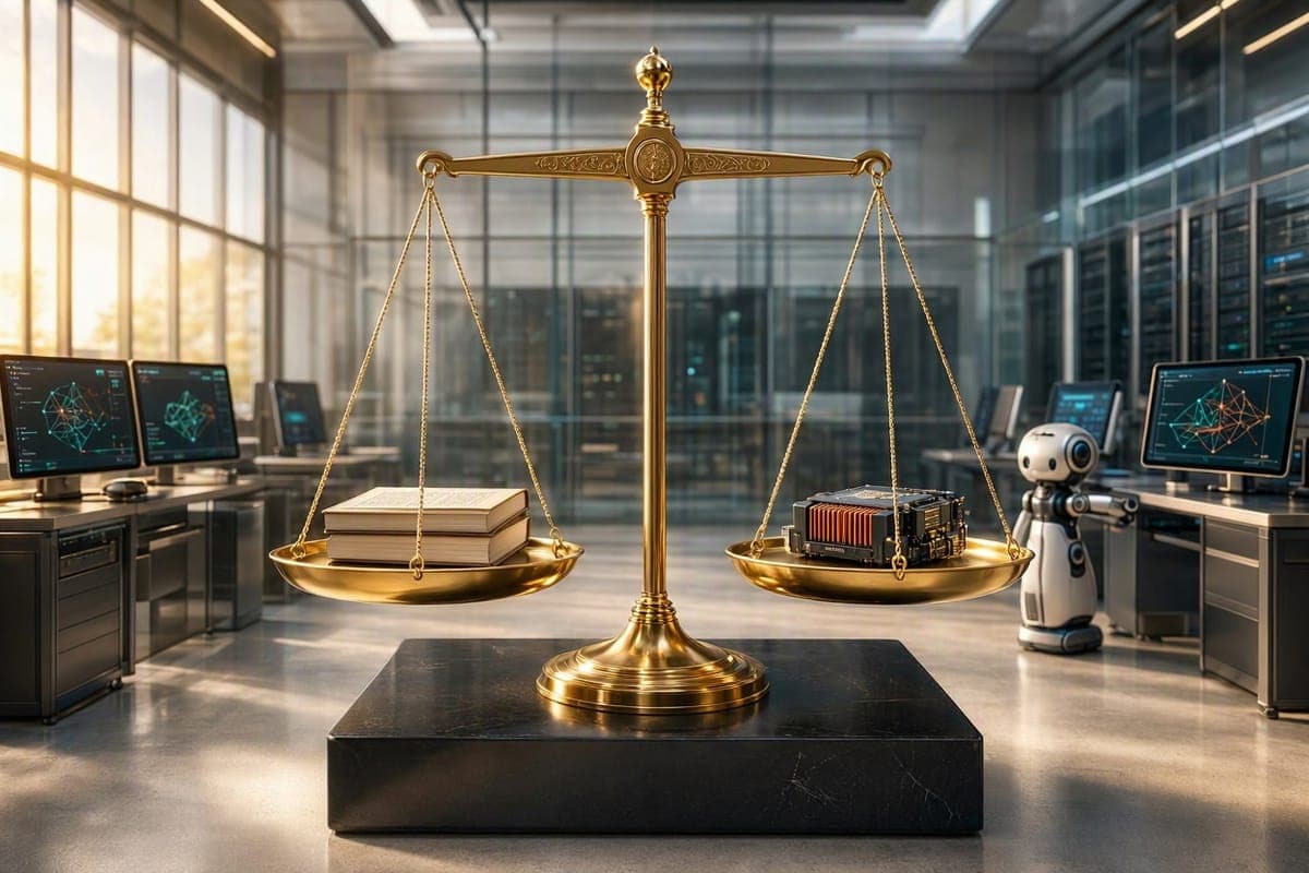 Golden scales weighing law books against a computer chip in a bright modern lab with a small robot
