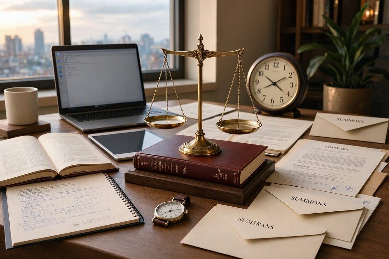 A desk with a client file, a notepad and a cup of tea in a bright office