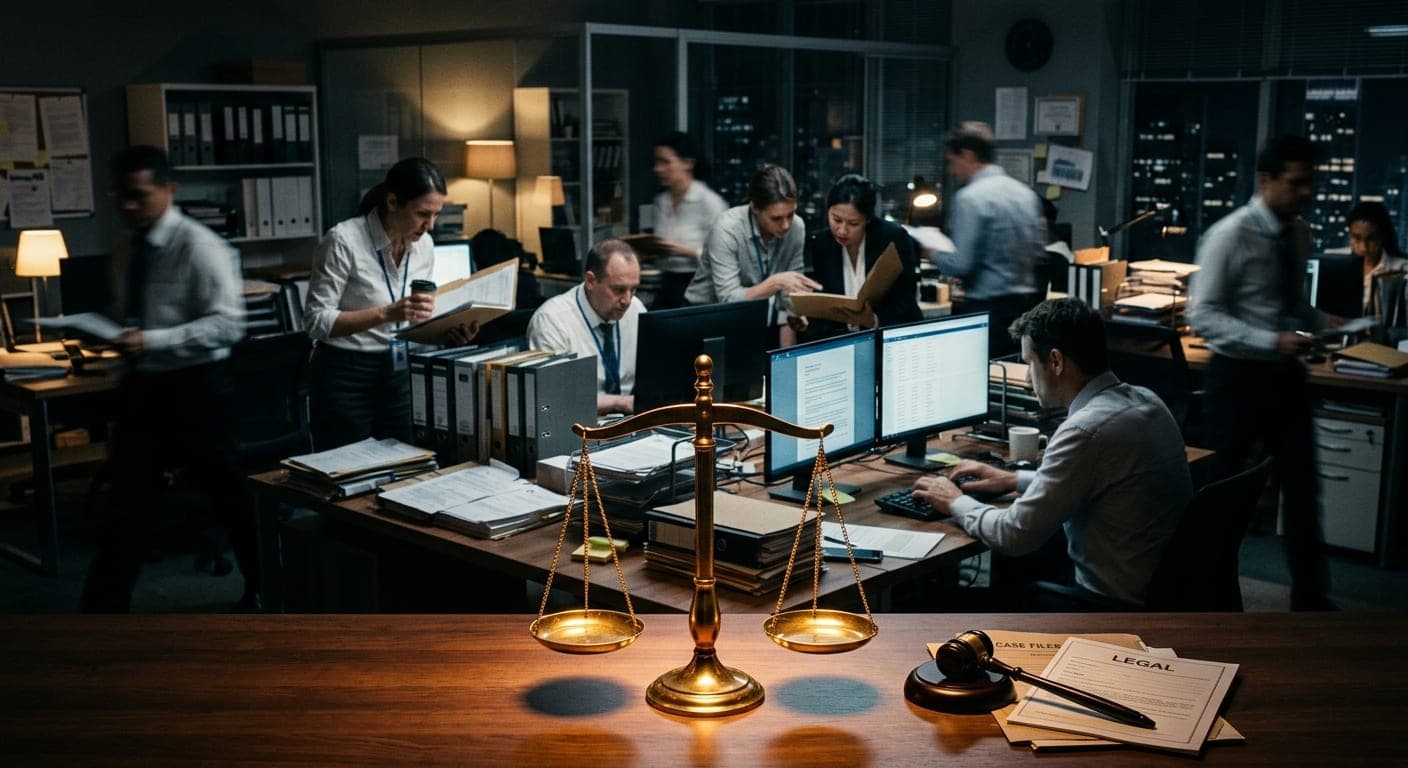 A dark room with a clock, case files and a map under a single lamp