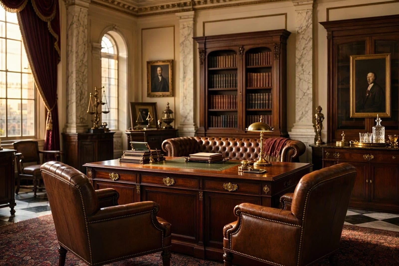 A law office with a mahogany desk, a brass lamp and two leather armchairs waiting for a client