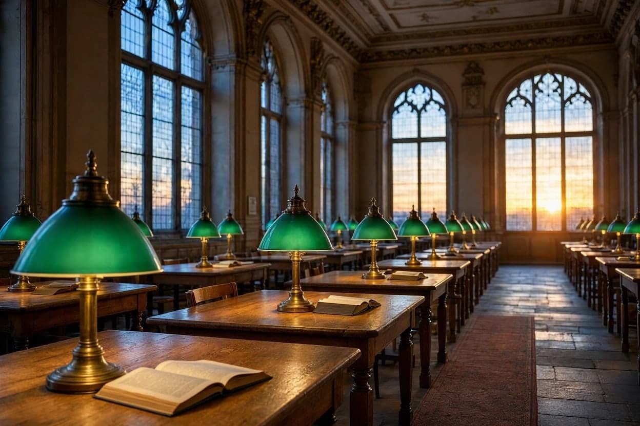 A long oak reading room at sunset, rows of brass lamps with green shades on the tables and tall arched windows glowing gold