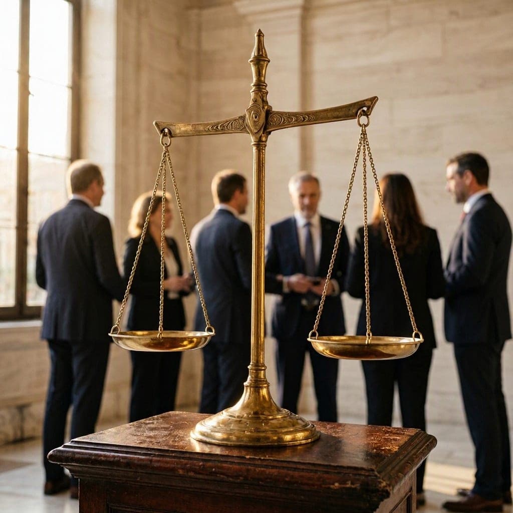 Golden scales in front of a group of lawyers talking in a hall