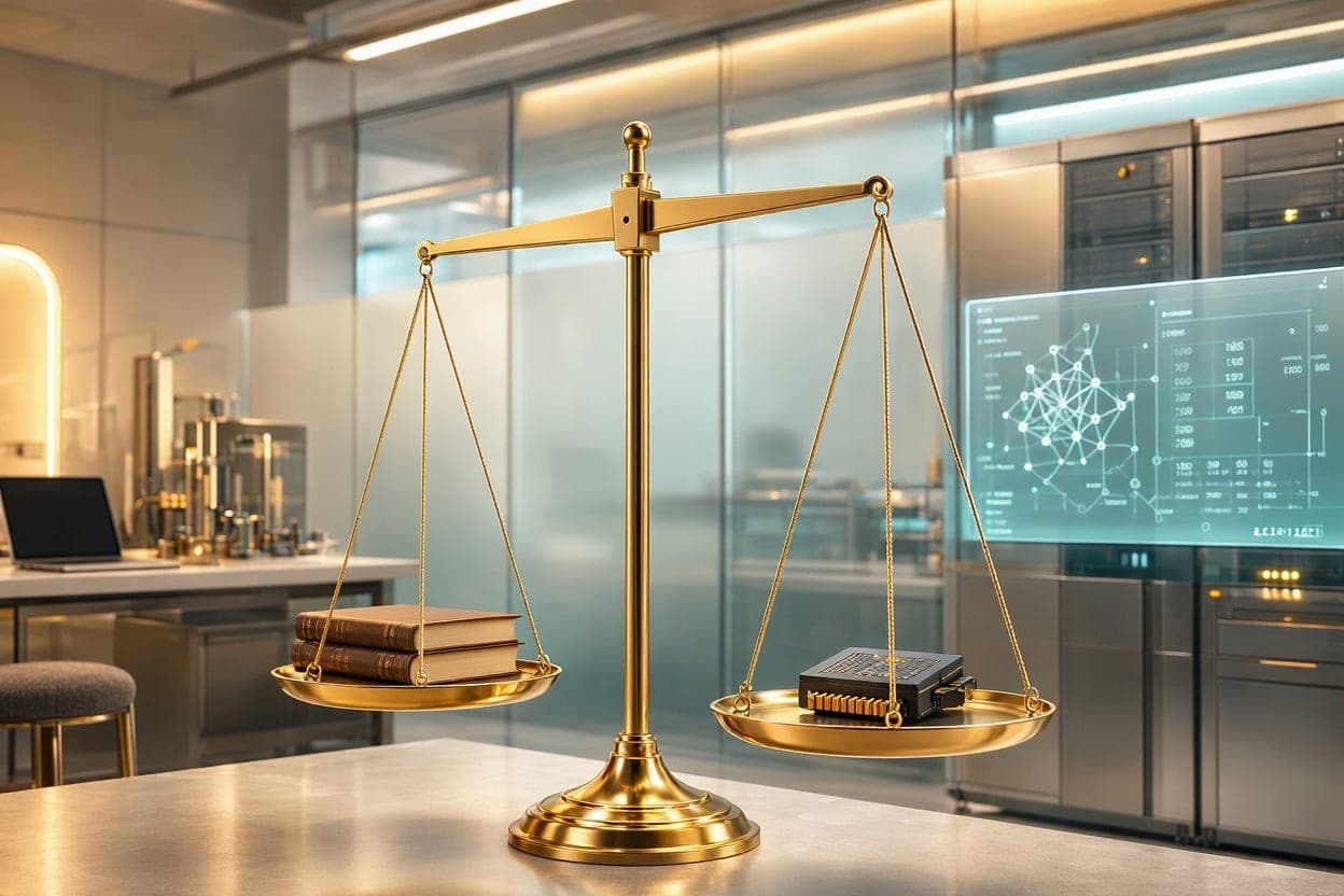 Golden scales weighing law books against a computer chip in a bright lab
